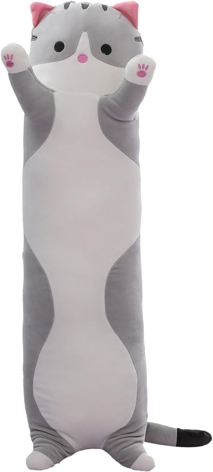 Cat Soft Pillow Plush Long Throw Sleeping Pillow Cotton Kitten Pillow Cuddly Stuffed Cute Plush Doll Gift for Girlfriend (Gray, 19.7Inch)